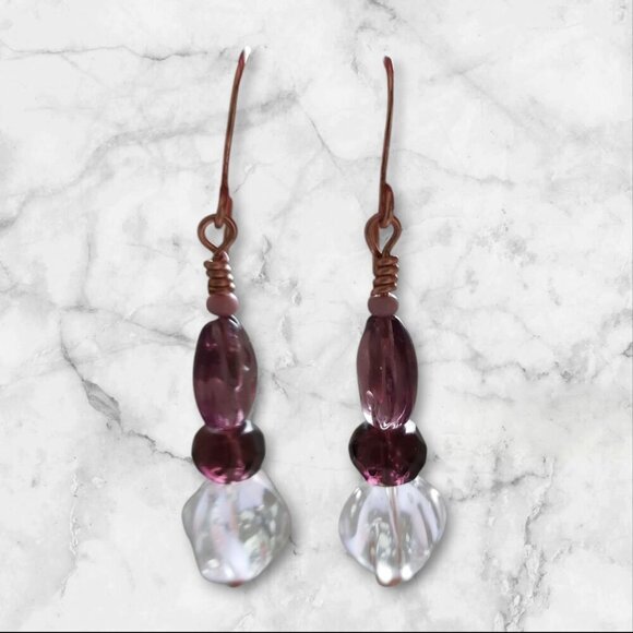 Purple Glass Bead 7 in Stretch Bracelet & 2.25 in Rose Gold Earrings Set - Picture 3 of 5